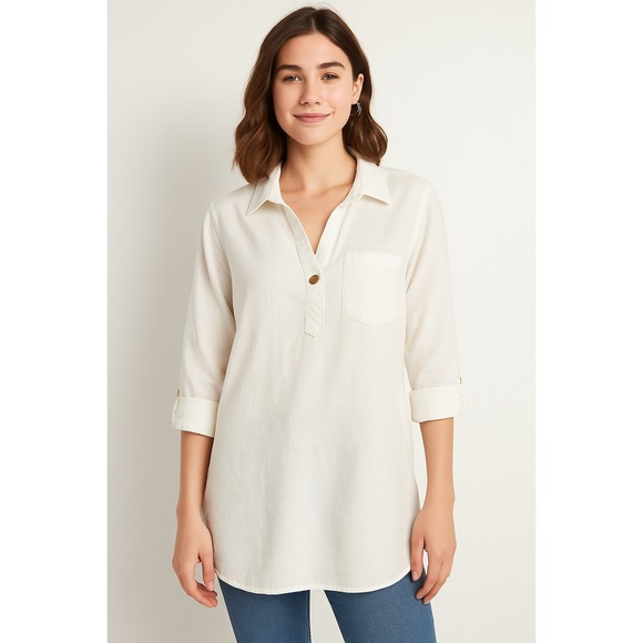 Old Navy Linen Blend Tunic Shirt Women's M White Pullover Long Sleeve Casual Top - Picture 1 of 10